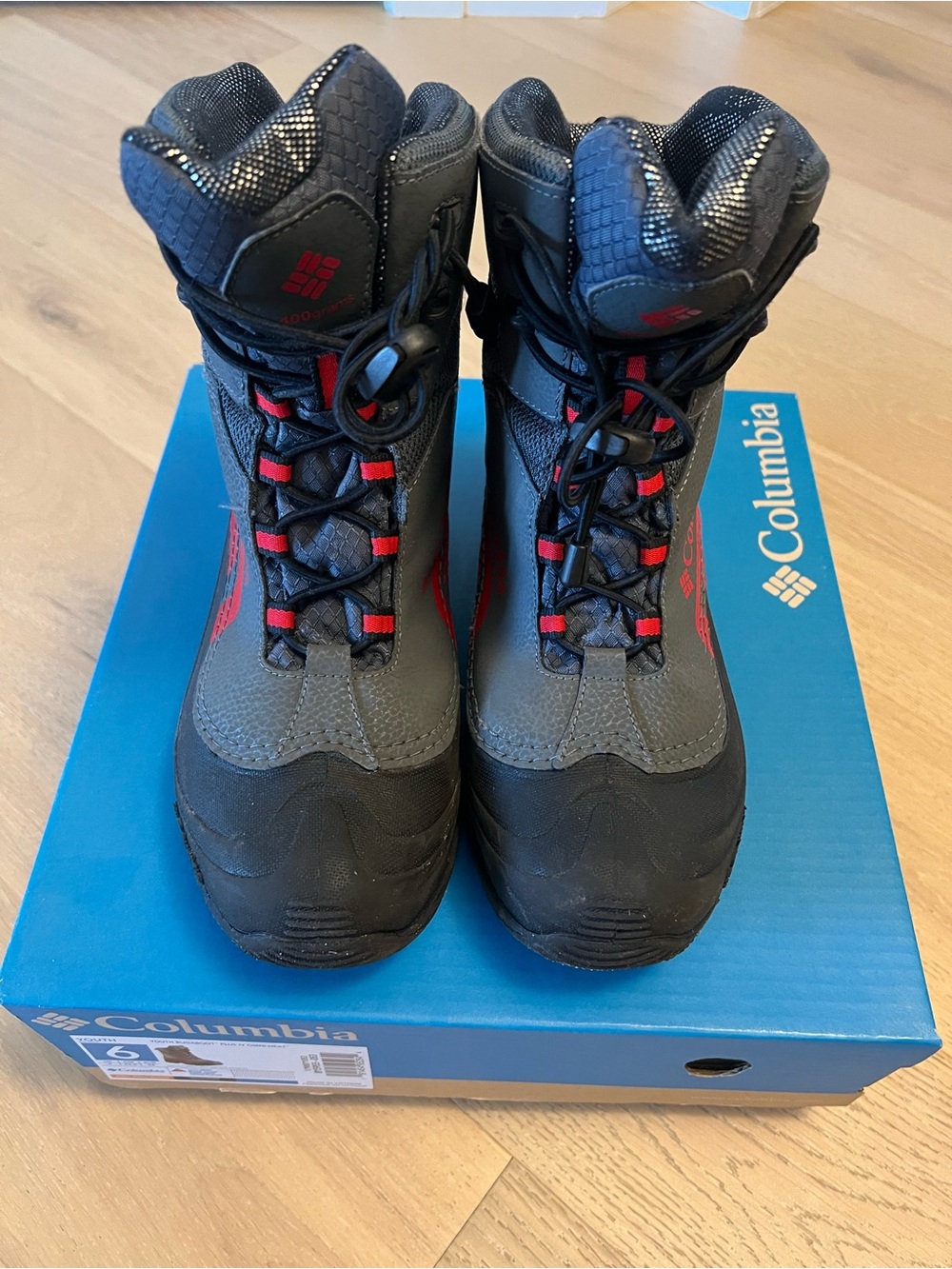 Columbia Kids Black and Gray Winter Boots with Red Accents